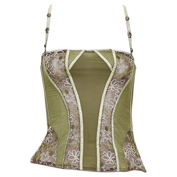 rare JOHN GALLIANO Vintage green gold sheer lace boned bustier corset top S - Picture 9 of 9